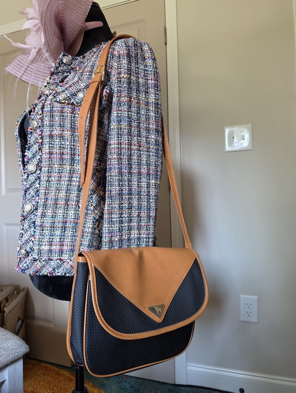 Authentic YSL Black Crossbody Bag with Tan Leather Trim Accents
